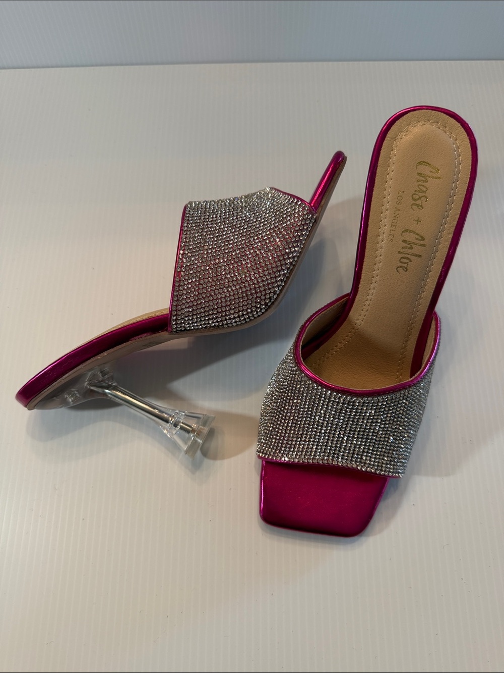 Chase + Chloe Hot Pink Rhinestone Slide Mules with Clear Heel